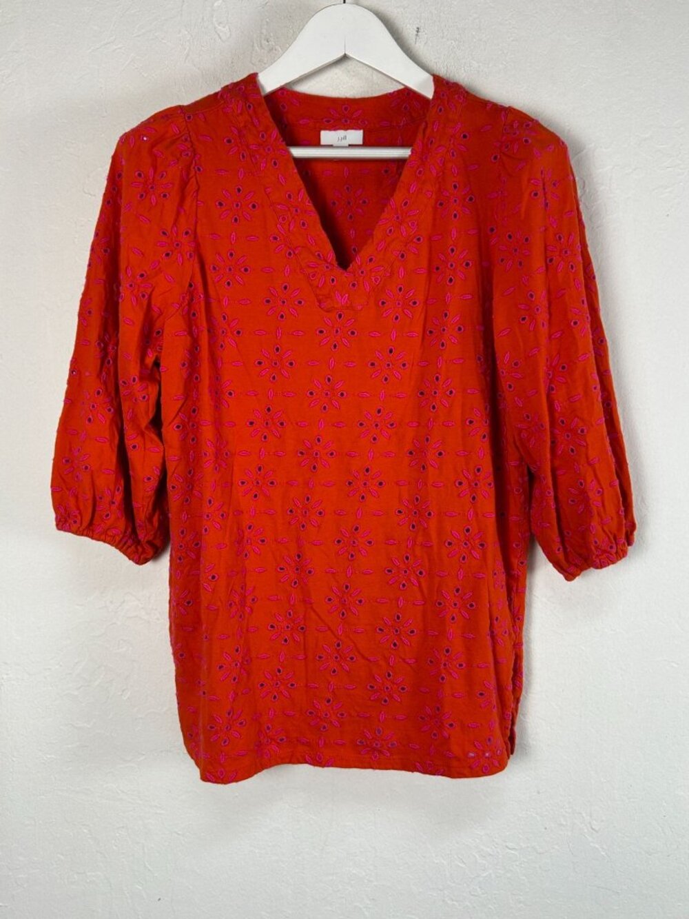 J. Jill Womens Red Embroidered Eyelet Tunic Top Medium V-Neck 3/4 Puff Sleeve